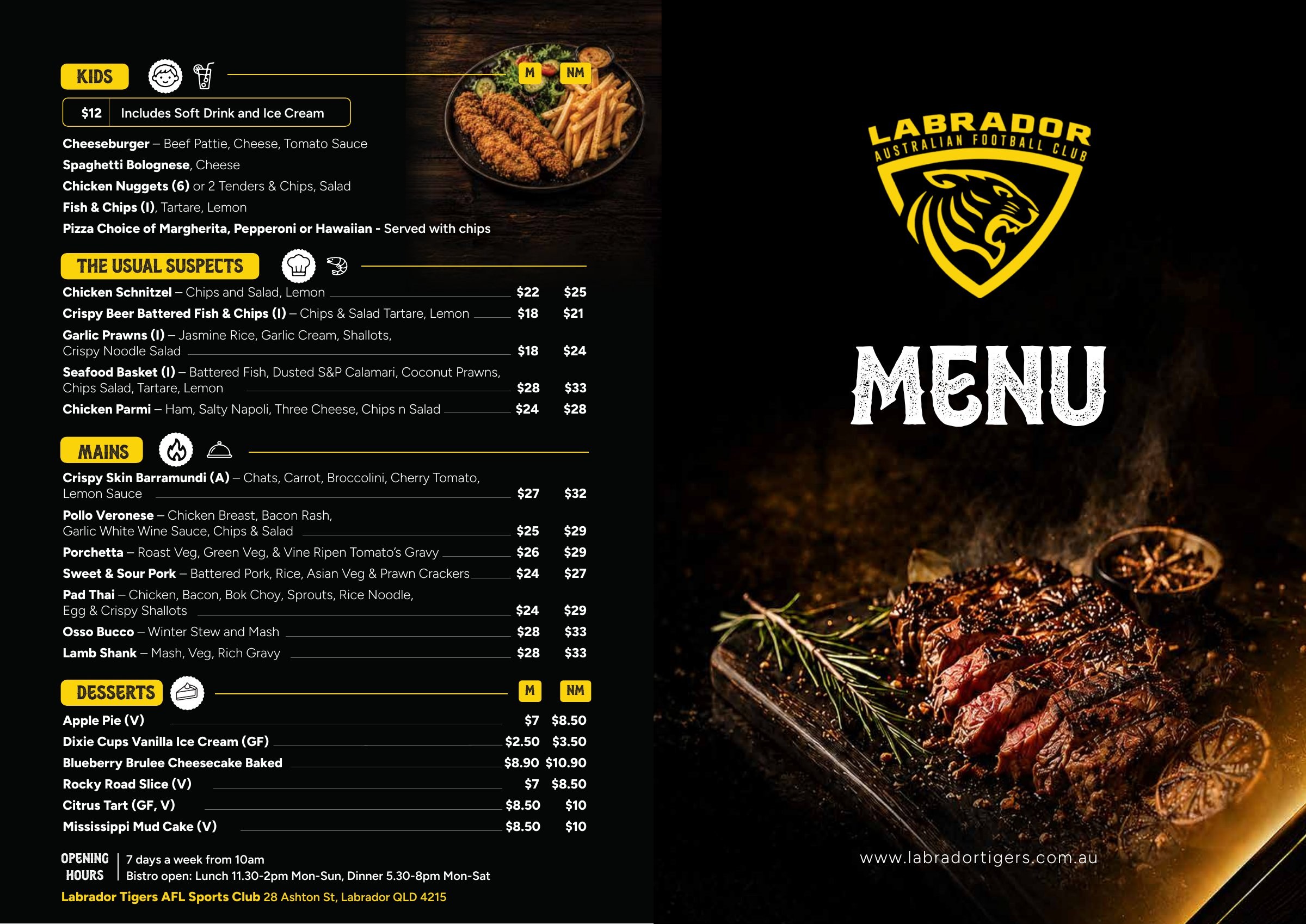 Labrador Tigers bistro menu, page 1 of 2: Kids, The Usual Suspects, Mains and Desserts