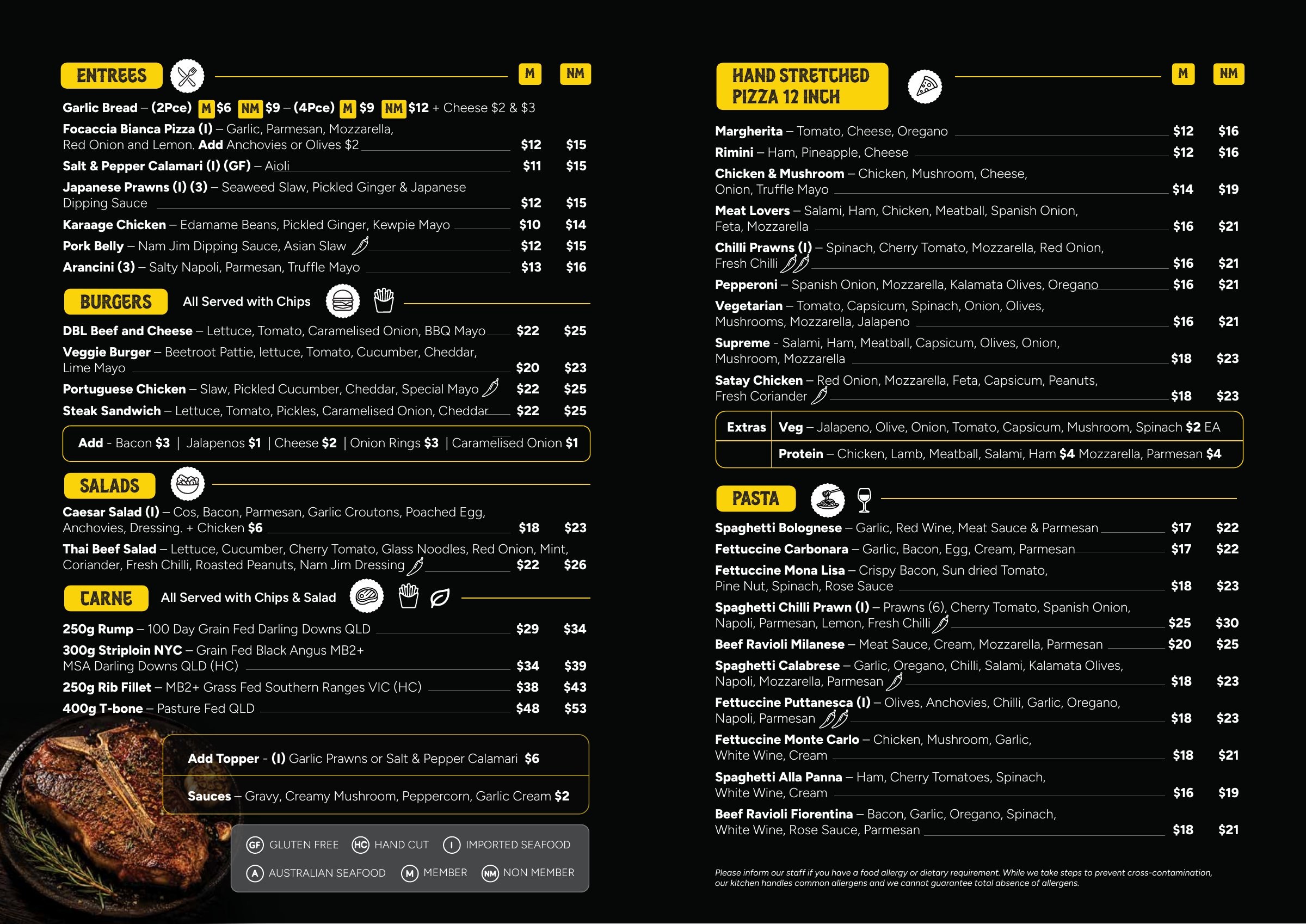 Labrador Tigers bistro menu, page 2 of 2: Entrees, Burgers, Salads, Carne, Pizza and Pasta